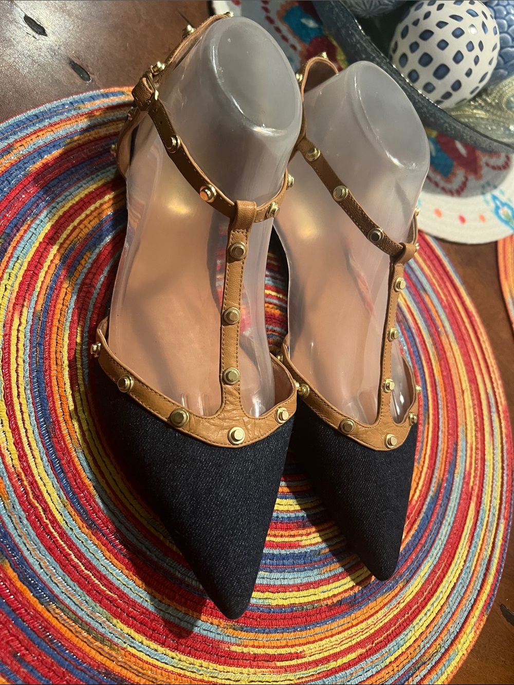 Halogen Black Pointed T-Strap Flats with Tan Trim and Gold Studs